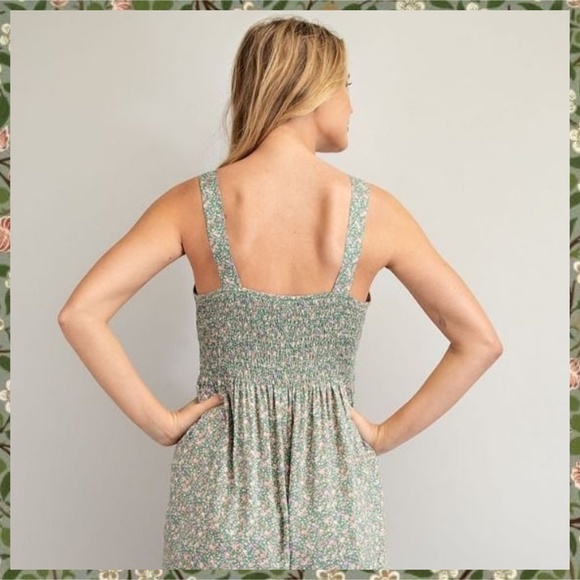 EASEL Smocked Sleeveless Lightweight Ultra Wide Leg Ruffled Hem Jumpsuit Romper - Picture 5 of 14